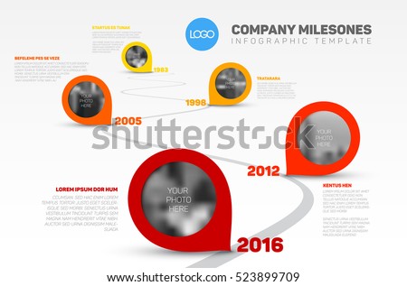 Vector Infographic Company Milestones Timeline Template with pointers and photo placeholders on a curved road line Vector Infographic Company Milestones Timeline Template with pointers and photo placeholders on a curved road line