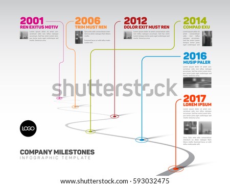 Vector Infographic Company Milestones Timeline Template with pointers and photo placeholders on a curved road line Vector Infographic Company Milestones Timeline Template with pointers and photo placeholders on a curved road line