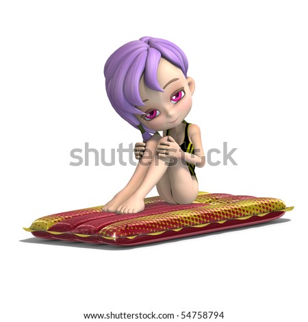 cute cartoon girl sitting on an inflatable bed. 3D rendering with ...