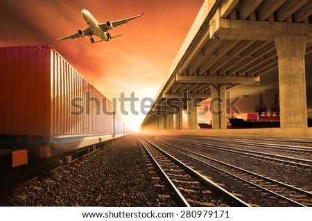 industry container trains on railways track cargo plane flying with