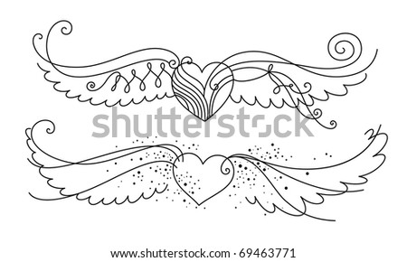 Set Two Winged Hearts Simple Line Stock Vector 69463771 - Shutterstock