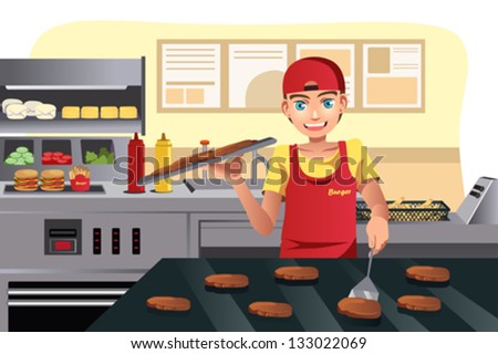 fast restaurant illustration vector kitchen cook burger burgers cooking flipping clipart worker clip shutterstock royalty fotosearch