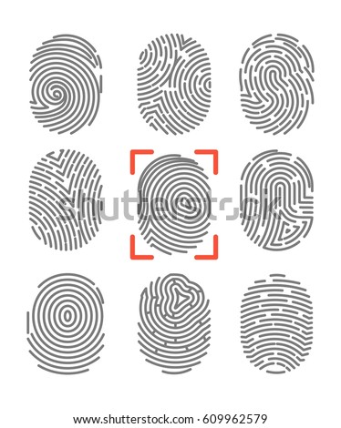 Fingerprints or fingertip prints identification scanner and biometric id trace. Security authorization and crime protection vector icons set Fingerprints or fingertip prints identification scanner and biometric id trace. Security authorization and crime protection vector icons set