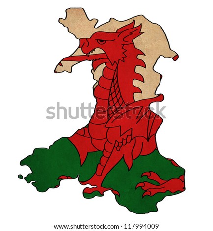 Wales map on Wales flag drawing ,grunge and retro flag ...