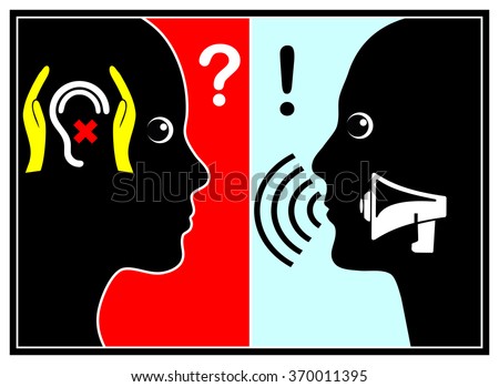 Ignoring of yelling people. Woman disregards bullying boss or husband by, metaphorically speaking, covering her ears - stock photo
