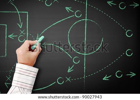 Hand writing a soccer game strategy on a blackboard. - stock photo