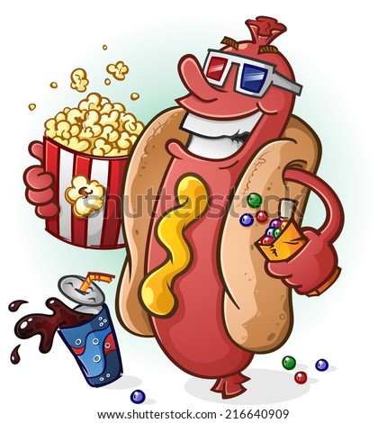 Hot Dog At The Movies Cartoon Character Stock Vector