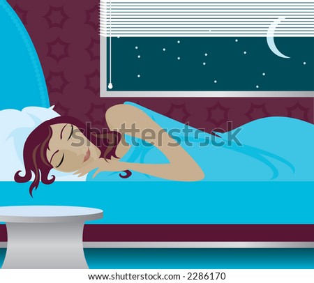 Cartoon Woman Sleeping In Bed Woman asleep in her bed at night, moon ...