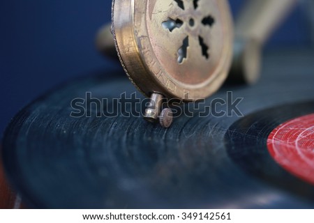 Antique Phonograph ,close up of vintage record and read player with 