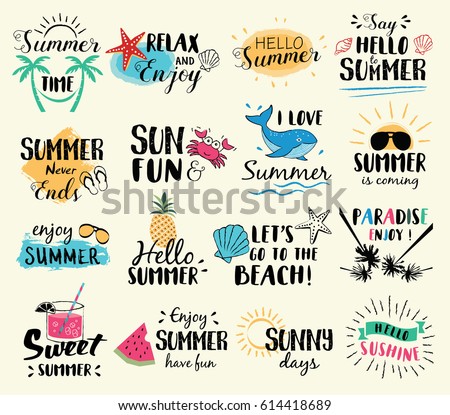 Summer labels, logos, hand drawn tags and elements set for summer holiday, travel, beach vacation, sun. Vector illustration. Summer labels, logos, hand drawn tags and elements set for summer holiday, travel, beach vacation, sun. Vector illustration.