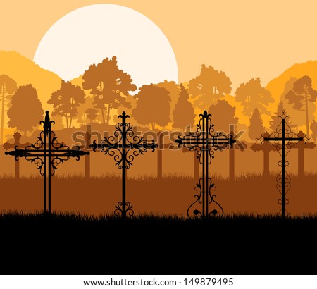 Vintage old cemetery crosses and graveyard cross silhouettes detailed