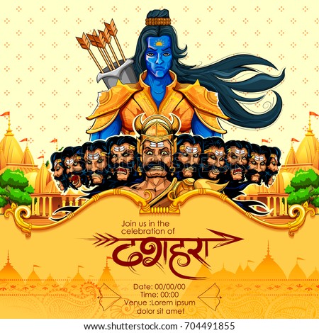 illustration of Lord Rama with bow arrow killing Ravan in Navratri festival of India poster with Hindi text Dussehra illustration of Lord Rama with bow arrow killing Ravan in Navratri festival of India poster with Hindi text Dussehra