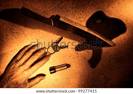Gruesome murder crime scene of dead woman hand and dropped victim keys ...