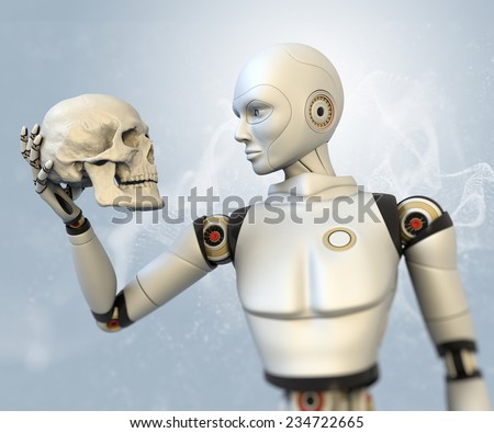 Cyborg with human skull in his hand - stock photo