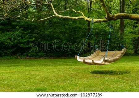 Swing bench in lush garden. Curved swing bench hanging 