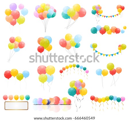 Group of Colour Glossy Helium Balloons Isolated on Transperent Background. Set of Balloons and Flags for Birthday, Anniversary, Celebration Party Decorations. Vector Illustration EPS10 Group of Colour Glossy Helium Balloons Isolated on Transperent Background. Set of Balloons and Flags for Birthday, Anniversary, Celebration Party Decorations. Vector Illustration EPS10