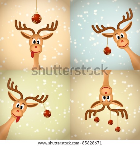 Four funny christmas reindeer with christmas balls and snow - bitmap ...