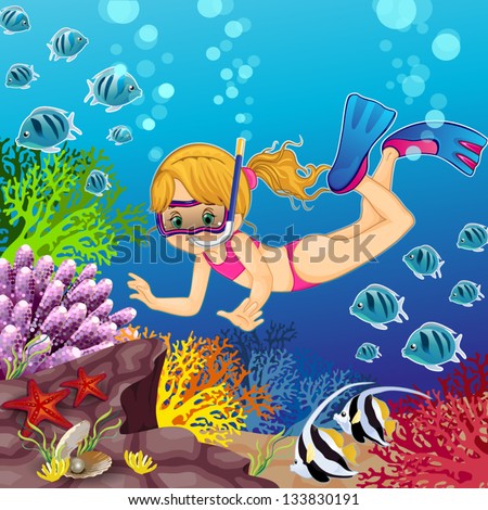 Girl snorkeling on the seabed-transparency and blending effects ...
