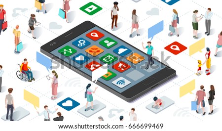 Isometric people and connecting devices smartphone social media graphic vector template illustration. Children graphic. Isometric people and connecting devices smartphone social media graphic vector template illustration. Children graphic.