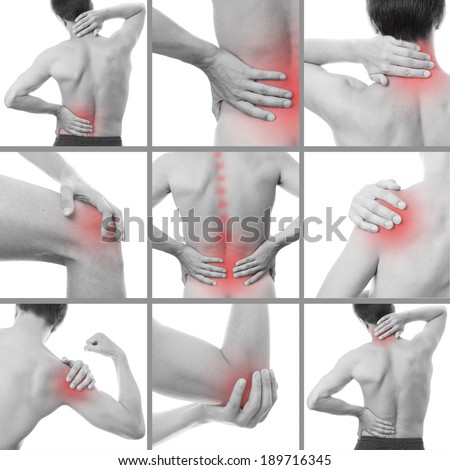 Pain in a man's body. Isolated on white background. Collage of several photos -