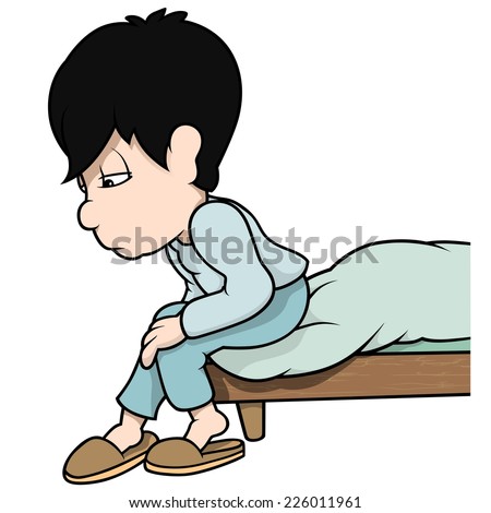 Boy Sitting On Bed - Cartoon Illustration, Vector - stock vector