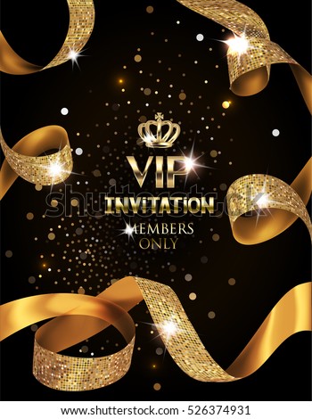 Elegant VIP invitation card with silk textured curled gold ribbons Elegant VIP invitation card with silk textured curled gold ribbons