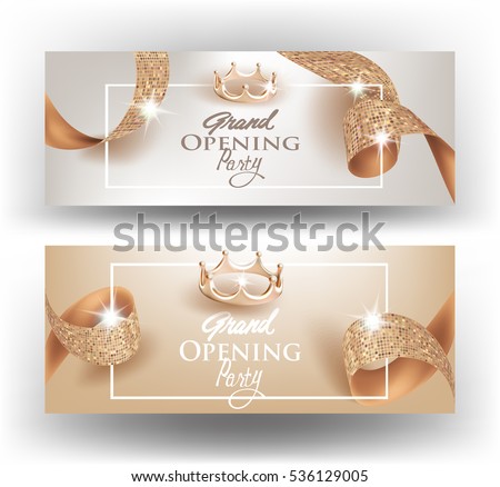 Elegant Grand opening invitation cards with textured curly beige ribbons and gold crowns. Vector illustration Elegant Grand opening invitation cards with textured curly beige ribbons and gold crowns. Vector illustration
