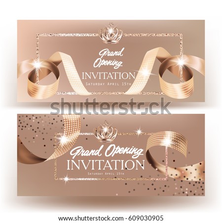 Royal design grand opening banners with beige curly silk ribbons and gold frame background. Vector illustration Royal design grand opening banners with beige curly silk ribbons and gold frame background. Vector illustration