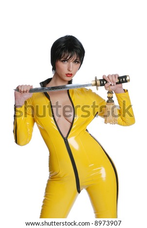 http://thumb7.shutterstock.com/display_pic_with_logo/88588/88588,1201615004,1/stock-photo-beautiful-woman-in-yellow-latex-jump-suit-with-samurai-sword-8973907.jpg