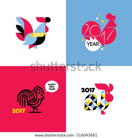 New Year design with silhouette of rooster. Set of modern flat style vector illustrations of cock as symbol of 2017 year on the Chinese calendar. Collection of beautiful roosters New Year design with silhouette of rooster. Set of modern flat style vector illustrations of cock as symbol of 2017 year on the Chinese calendar. Collection of beautiful roosters