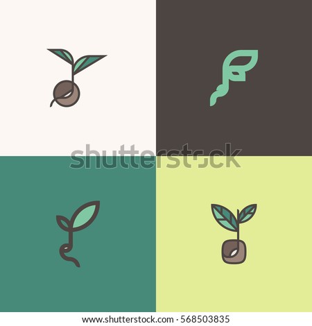Freshly grown organic sprouts and shoots. Set of modern line logo mark templates with sprouting seeds and beans Freshly grown organic sprouts and shoots. Set of modern line logo mark templates with sprouting seeds and beans