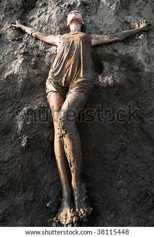 Beautiful Naked Girl Mud Against Blue Stock Photo 52099603 