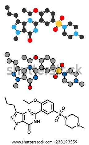 Sildenafil erectile dysfunction drug molecule. Conventional skeletal ...