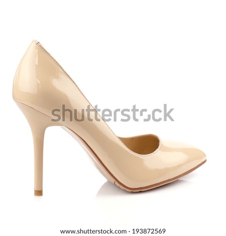 Elegant expensive beige patent high heel women shoes on white.Please