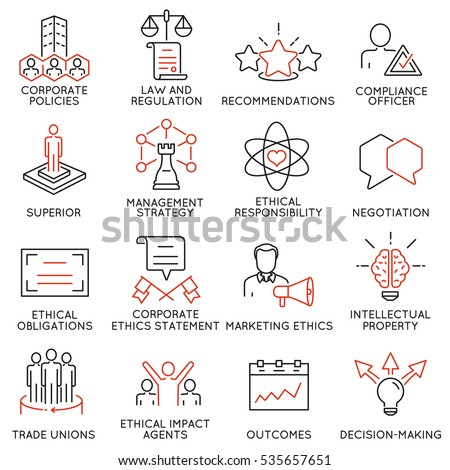 Vector set of 16 icons related to business ethics, management, strategy and development. Mono line pictograms and infographics design elements - part 3 Vector set of 16 icons related to business ethics, management, strategy and development. Mono line pictograms and infographics design elements - part 3