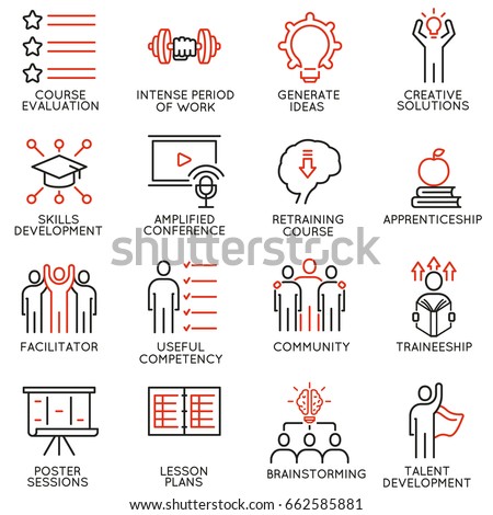 Vector set of 16 icons related to career progress, workshop, professional consulting service, training and development. Mono line pictograms and infographics design elements - part 2 Vector set of 16 icons related to career progress, workshop, professional consulting service, training and development. Mono line pictograms and infographics design elements - part 2