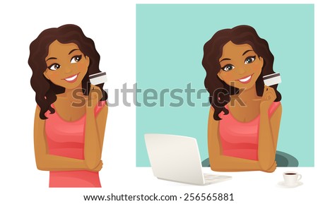Black woman shopping on line holding credit card - stock vector
