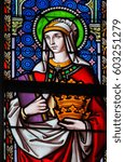 Small photo of BRUSSELS, BELGIUM - MARCH 13, 2017: Stained Glass in the Church of Sablon in Brussels, Belgium, depicting Saint Elizabeth, Queen of Hungary, a symbol of Christian charity.