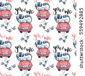 Small photo of Valentine's Day greeting card template, seamless pattern, poster, wrapping paper. Watercolor cats in just married red car and brush lettering you and me