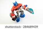 Small photo of Kuala Lumpur, Malaysia - June 6, 2015: Figure toy of Playskool Optimus Prime from the Autobots Rescue Bots cartoon. Optimus Prime is Autobots Transformers leader on Earth within Fire Station Prime