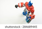 Small photo of Kuala Lumpur, Malaysia - June 6, 2015: Figure toy of Playskool Optimus Prime from the Autobots Rescue Bots cartoon. Optimus Prime is Autobots Transformers leader on Earth within Fire Station Prime