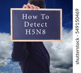 Small photo of A women holding a chalk board with word " HOW TO DETECT H5N8 " isolated in a background of blue sky. H5N8 is a subtype of the Influenza A virus.