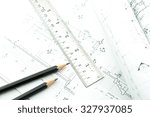 Small photo of Architect rolls and plans.architectural plan,technical project drawing