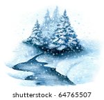 a cluster of snowy trees by a...