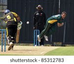 Small photo of PUCHONG, MALAYSIA - SEPT 24: GM Smit, Guernsey bowls Rakesh Madhavan (5), Malaysia at the Pepsi ICC World Cricket League Div 6 finals at the Kinrara Oval on September 24, 2011 in Puchong, Malaysia.