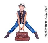 Small photo of Handsome young boy wearing hat and with carpetbag (isolated on white)