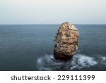 rock in sea and rising moon