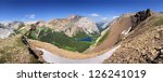 Small photo of Panorama of Ribbon Lake, Kananaskis Park, Alberta, Canada. As view from 20 minute hike up from Guinn Pass. Look closely, you should be able to sse the Wardens Cabin.