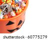 top view halloween pumpkin pail with candy - stock photo