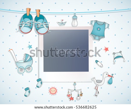 Baby boy shower card. Arrival card with place for your photo.